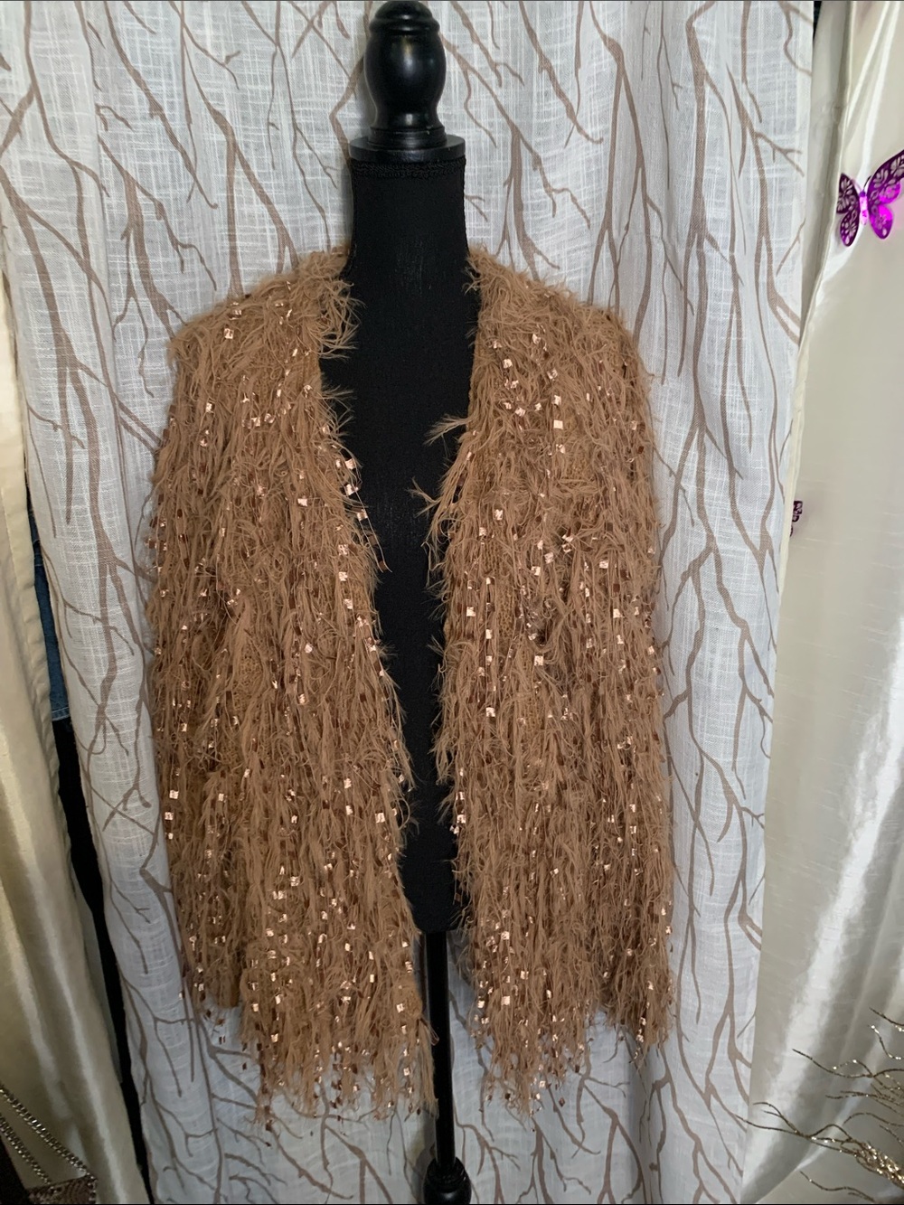 Sequin Fringe Open-Front Cardigan in Brown